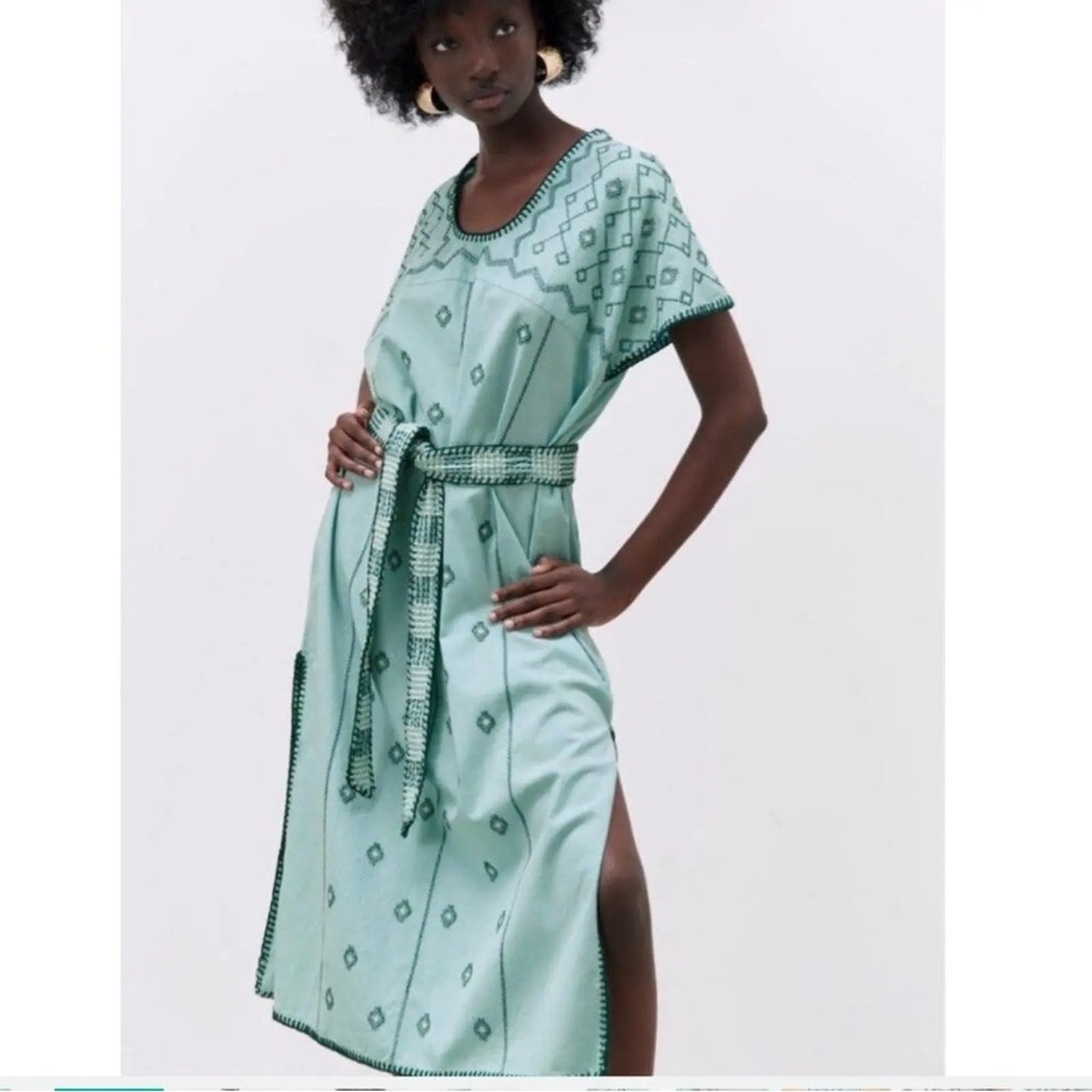New ZARA Bohemian Teal Embroidered Cotton Midi Dress Size Large